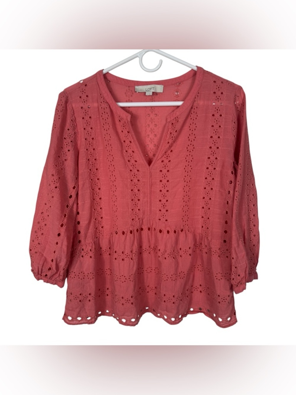 LOFT Eyelet Peplum Blouse, Coral, Size M